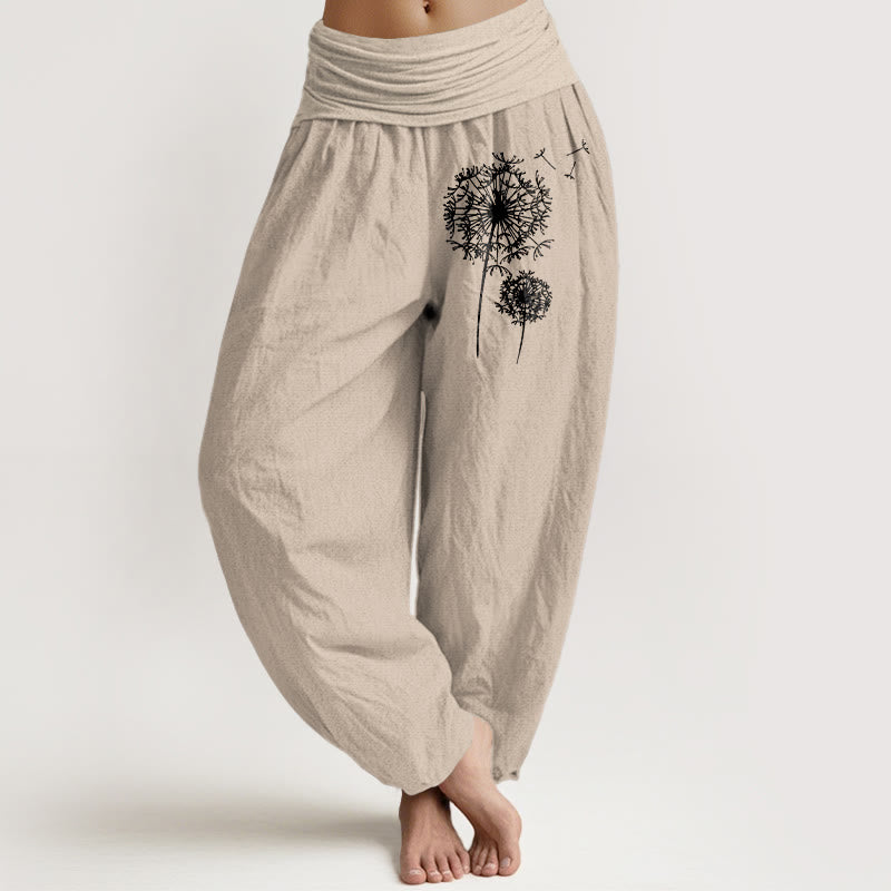 Buddha Stones Minimalistyczne spodnie damskie typu harem z czystej bawełny z elastycznym pasem i wzorem dmuchawca - Dębnik - US16, UK/AU20, EU48 (3XL) - image 0