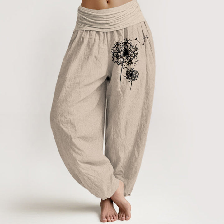 Buddha Stones Minimalistyczne spodnie damskie typu harem z czystej bawełny z elastycznym pasem i wzorem dmuchawca - Dębnik - US16, UK/AU20, EU48 (3XL) - image 0