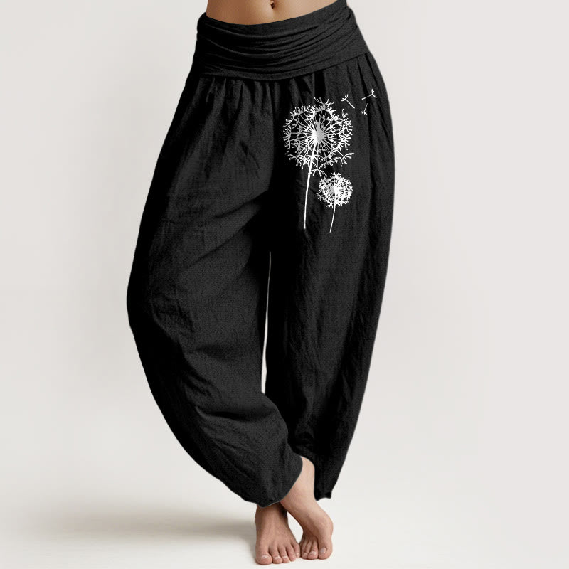 Buddha Stones Minimalistyczne spodnie damskie typu harem z czystej bawełny z elastycznym pasem i wzorem dmuchawca - Czarny - US16, UK/AU20, EU48 (3XL) - image 5