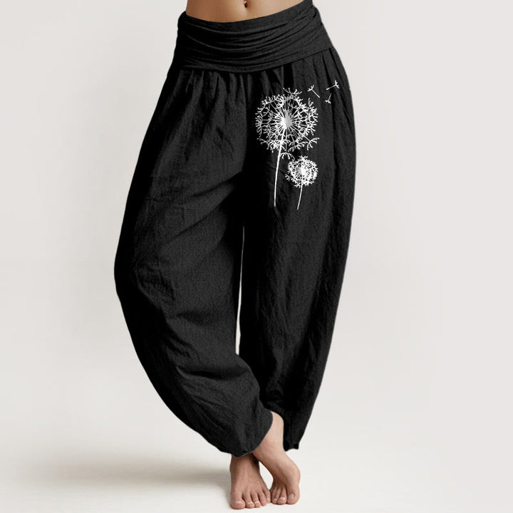 Buddha Stones Minimalistyczne spodnie damskie typu harem z czystej bawełny z elastycznym pasem i wzorem dmuchawca - Czarny - US16, UK/AU20, EU48 (3XL) - image 5