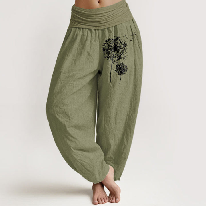 Buddha Stones Minimalistyczne spodnie damskie typu harem z czystej bawełny z elastycznym pasem i wzorem dmuchawca - Oliwkowy - US16, UK/AU20, EU48 (3XL) - image 14