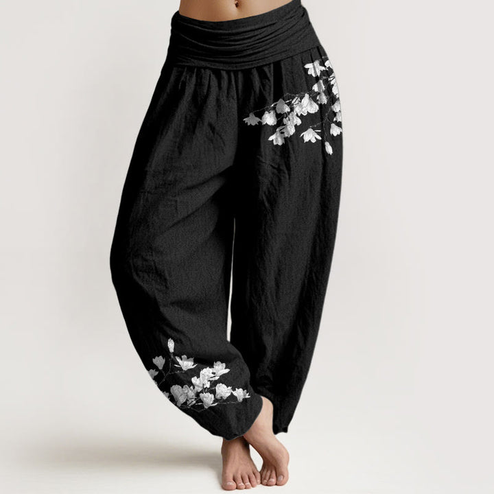 Buddha Stones Minimalistyczne spodnie damskie typu harem z czystej bawełny z elastycznym pasem i wzorem w kwiaty magnolii - Czarny - US16, UK/AU20, EU48 (3XL) - image 0