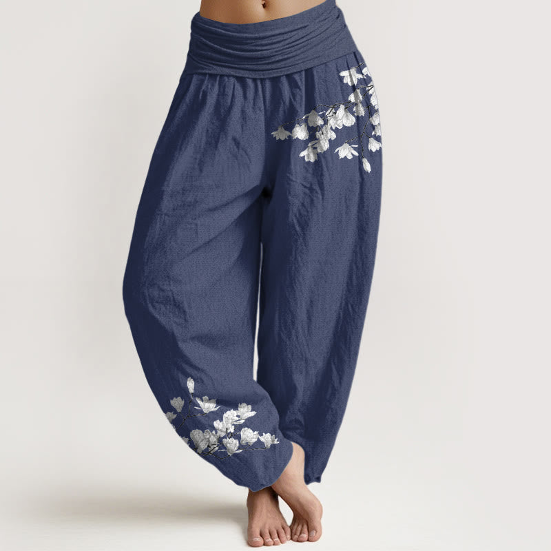 Buddha Stones Minimalistyczne spodnie damskie typu harem z czystej bawełny z elastycznym pasem i wzorem w kwiaty magnolii - DarkSlateBlue - US16, UK/AU20, EU48 (3XL) - image 5