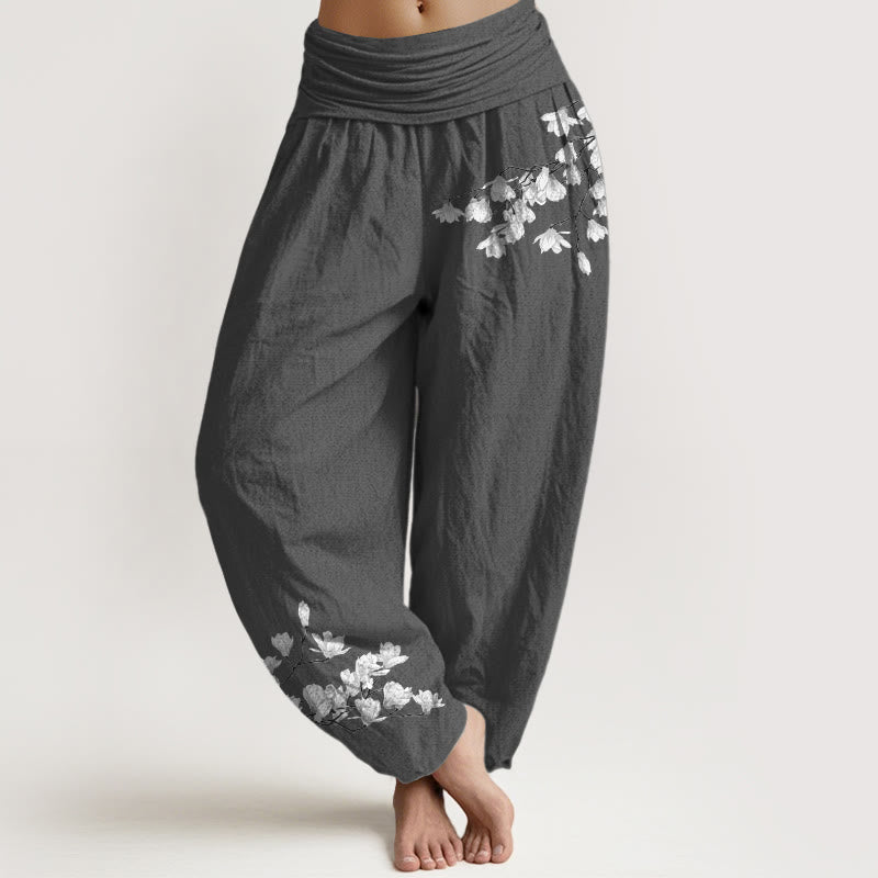 Buddha Stones Minimalistyczne spodnie damskie typu harem z czystej bawełny z elastycznym pasem i wzorem w kwiaty magnolii - DimGray - US16, UK/AU20, EU48 (3XL) - image 8
