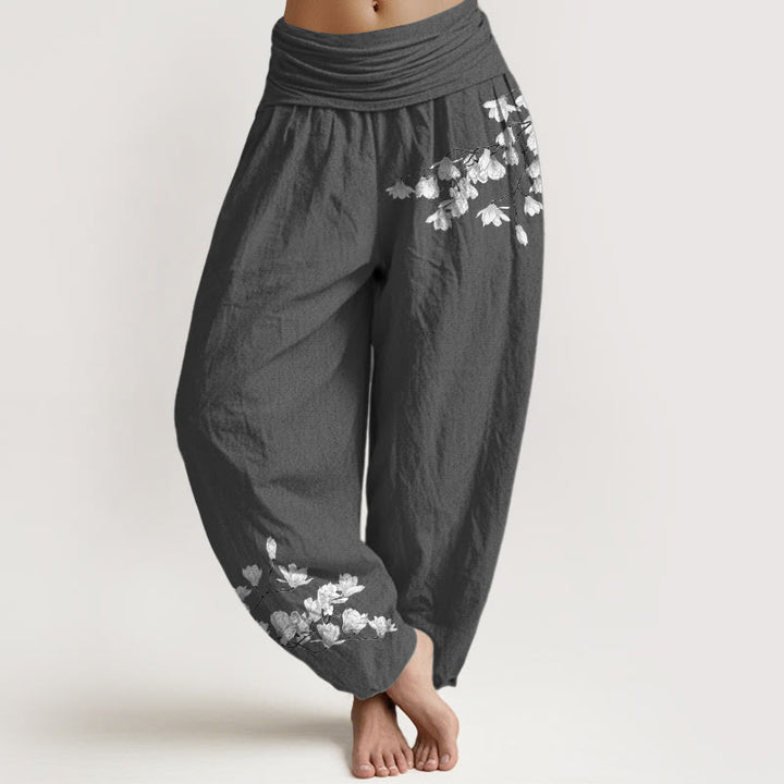 Buddha Stones Minimalistyczne spodnie damskie typu harem z czystej bawełny z elastycznym pasem i wzorem w kwiaty magnolii - DimGray - US16, UK/AU20, EU48 (3XL) - image 8