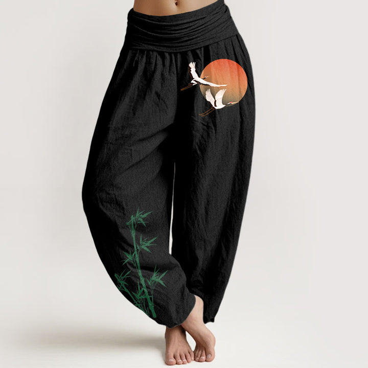 Buddha Stones Eleganckie, bawełniane spodnie haremki damskie z elastycznym pasem i wzorem Sun Crane Bamboo - Czarny - US16, UK/AU20, EU48 (3XL) - image 5
