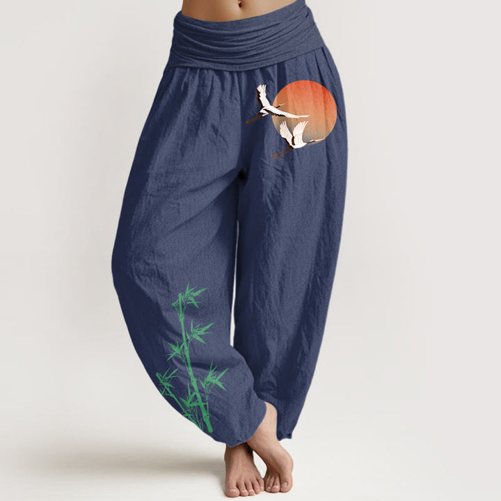 Buddha Stones Eleganckie, bawełniane spodnie haremki damskie z elastycznym pasem i wzorem Sun Crane Bamboo - DarkSlateBlue - US16, UK/AU20, EU48 (3XL) - image 8