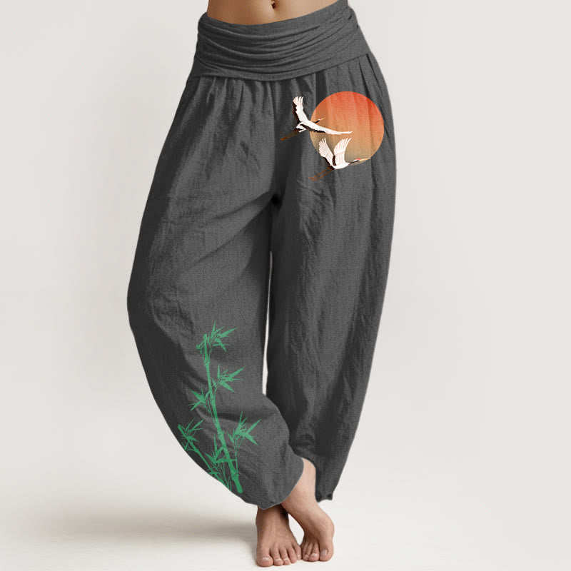 Buddha Stones Eleganckie, bawełniane spodnie haremki damskie z elastycznym pasem i wzorem Sun Crane Bamboo - DimGray - US16, UK/AU20, EU48 (3XL) - image 11