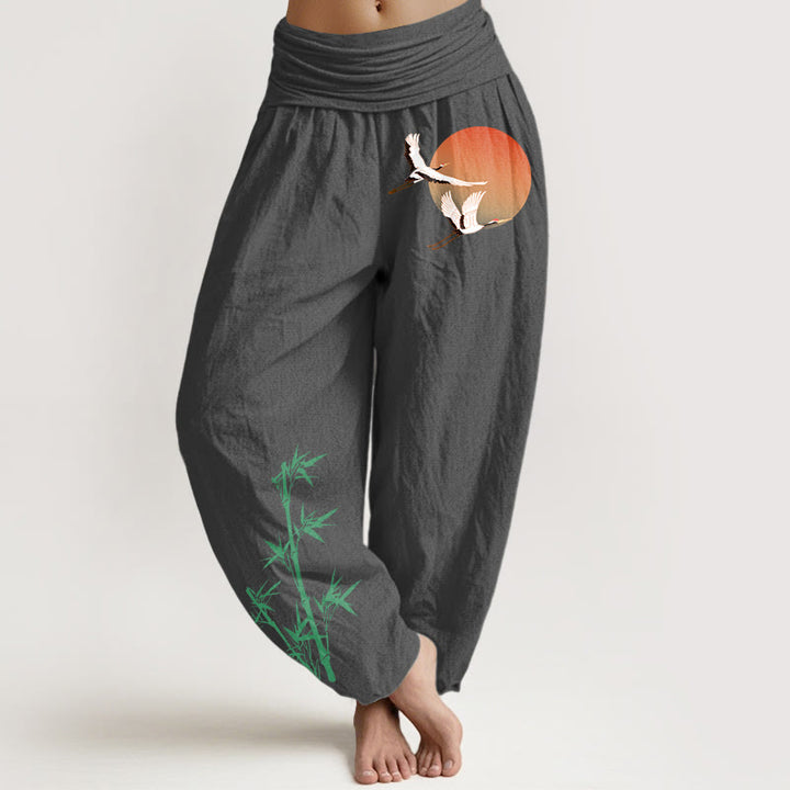 Buddha Stones Eleganckie, bawełniane spodnie haremki damskie z elastycznym pasem i wzorem Sun Crane Bamboo - DimGray - US16, UK/AU20, EU48 (3XL) - image 11