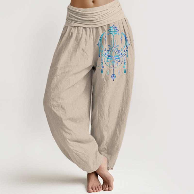 Buddha Stones Eleganckie spodnie haremki damskie z elastycznej talii z czystej bawełny w wzór lotosu - Dębnik - US16, UK/AU20, EU48 (3XL) - image 11