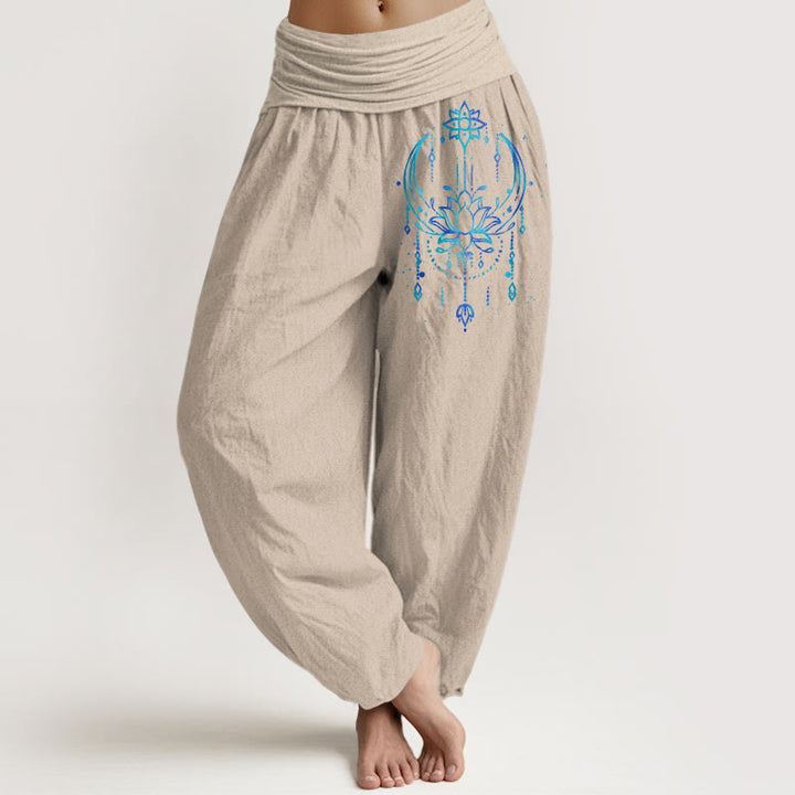 Buddha Stones Eleganckie spodnie haremki damskie z elastycznej talii z czystej bawełny w wzór lotosu - Dębnik - US16, UK/AU20, EU48 (3XL) - image 11