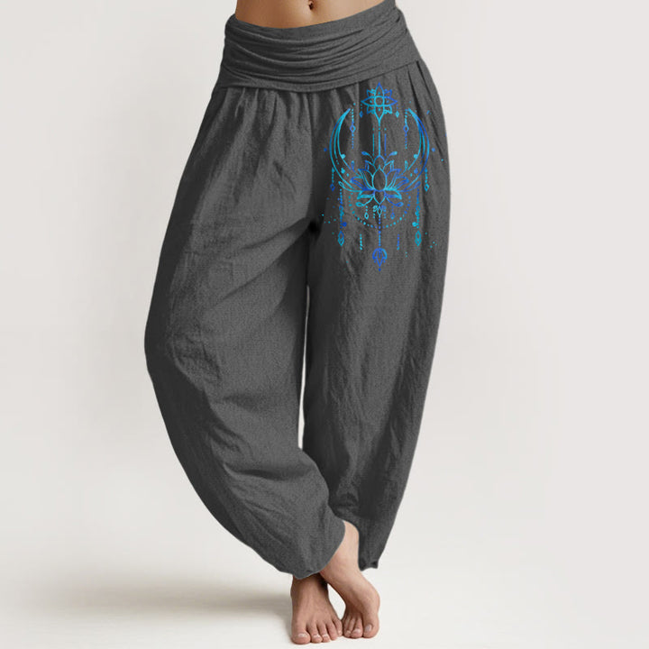 Buddha Stones Eleganckie spodnie haremki damskie z elastycznej talii z czystej bawełny w wzór lotosu - DimGray - US16, UK/AU20, EU48 (3XL) - image 8