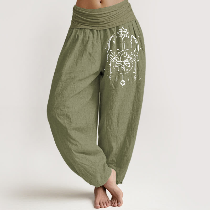 Buddha Stones Eleganckie spodnie haremki damskie z elastycznej talii z czystej bawełny w wzór lotosu - Oliwkowy - US16, UK/AU20, EU48 (3XL) - image 14