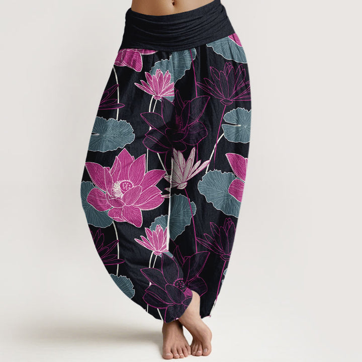 Buddha Stones Spodnie damskie haremki z elastycznej talii z czystej bawełny w kwiaty lotosu w stylu retro z motywem liści - Czarny - US16, UK/AU20, EU48 (3XL) - image 0