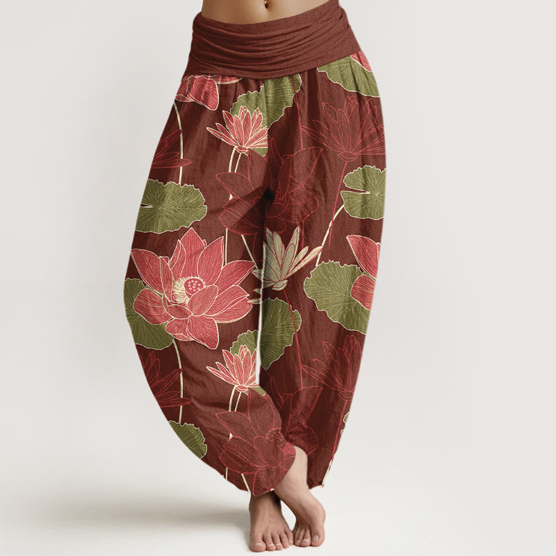 Buddha Stones Spodnie damskie haremki z elastycznej talii z czystej bawełny w kwiaty lotosu w stylu retro z motywem liści - Brązowy - US16, UK/AU20, EU48 (3XL) - image 5