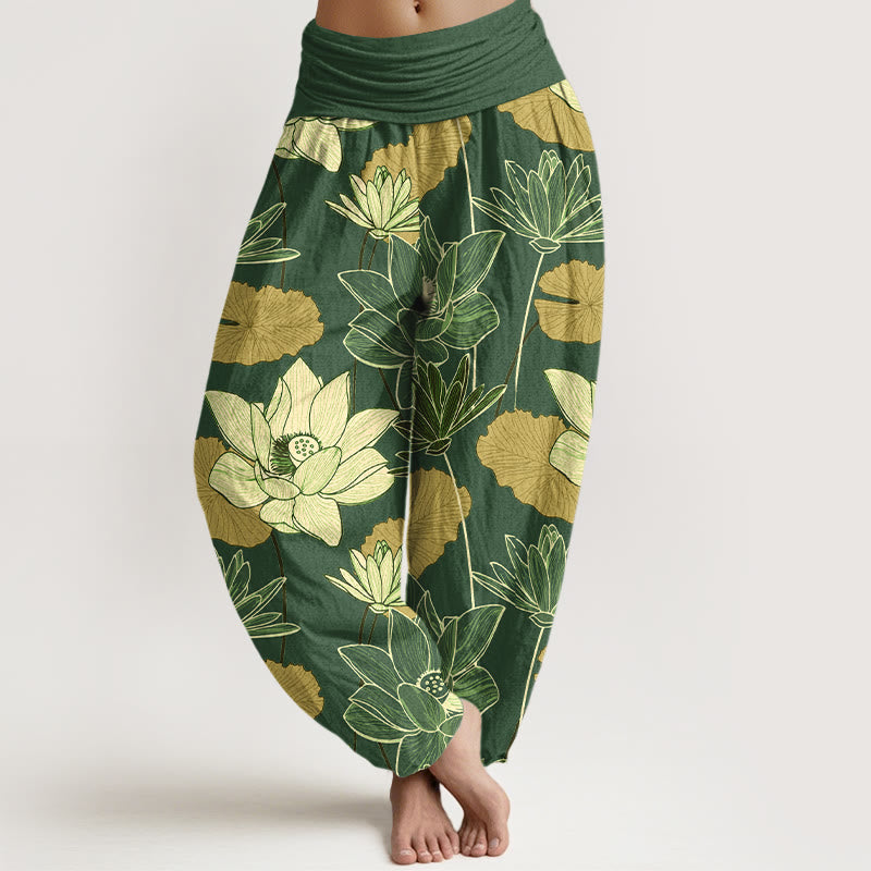 Buddha Stones Spodnie damskie haremki z elastycznej talii z czystej bawełny w kwiaty lotosu w stylu retro z motywem liści - Zielony - US16, UK/AU20, EU48 (3XL) - image 8