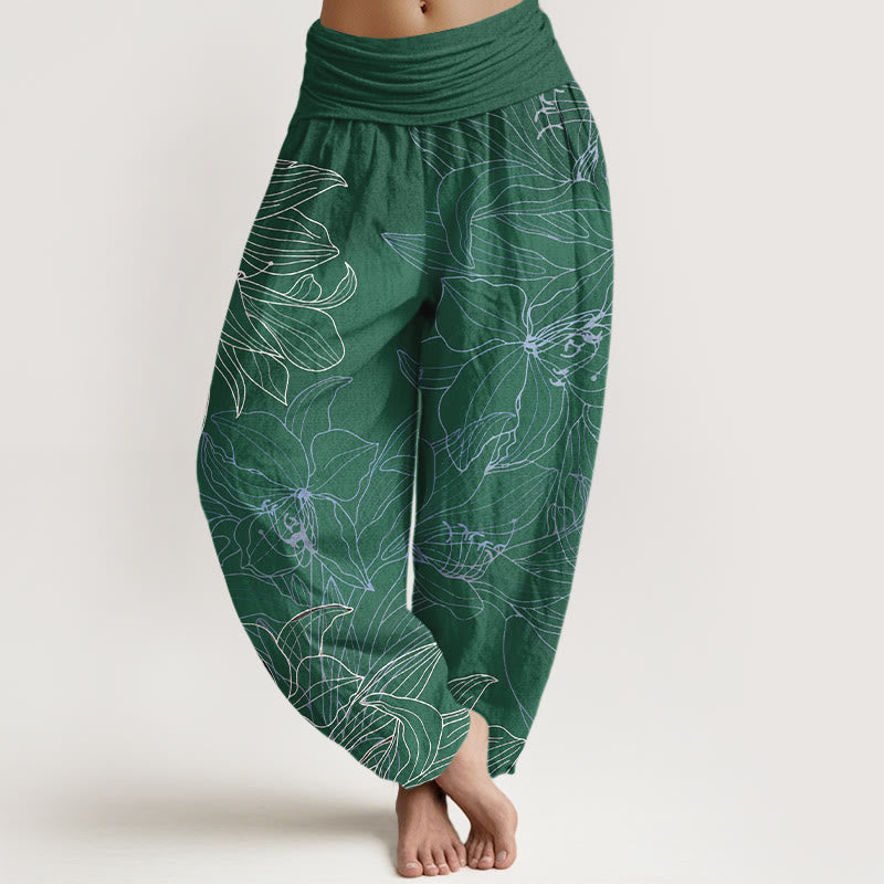Buddha Stones Spodnie damskie harem z elastycznej talii, z czystej bawełny, w minimalistycznym stylu i kwiatowym wzorem - SeaGreen - US16, UK/AU20, EU48 (3XL) - image 0