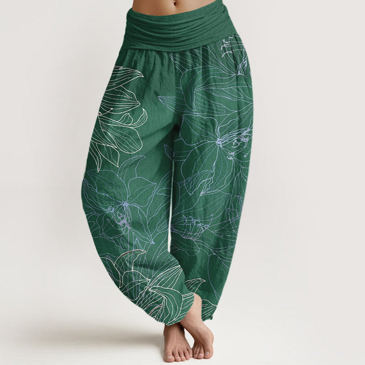 Buddha Stones Spodnie damskie harem z elastycznej talii, z czystej bawełny, w minimalistycznym stylu i kwiatowym wzorem - SeaGreen - US16, UK/AU20, EU48 (3XL) - image 0