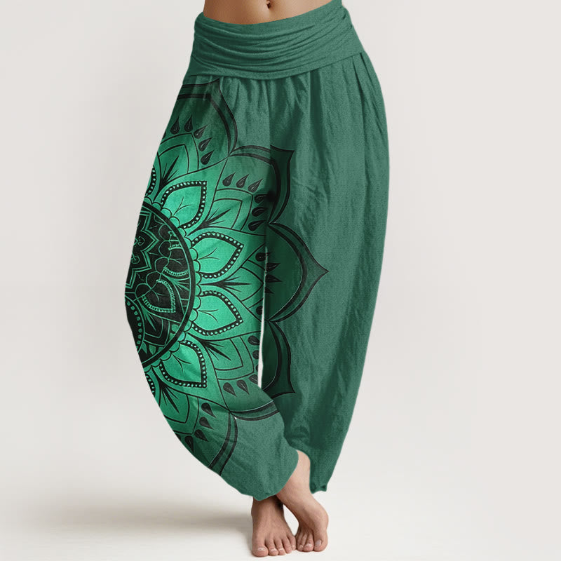 Buddha Stones Bawełniane spodnie haremki damskie z symetrycznym wzorem mandali i elastyczną talią - SeaGreen - US16, UK/AU20, EU48 (3XL) - image 8