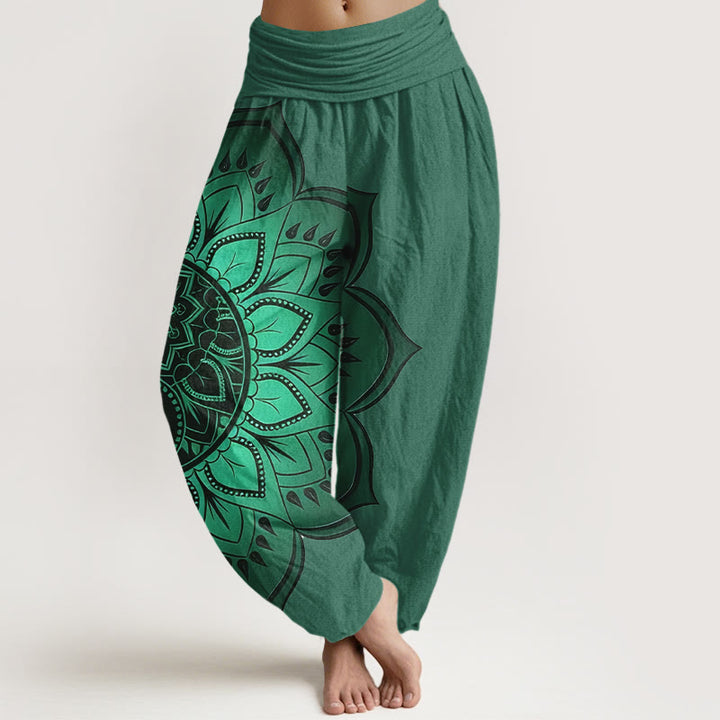 Buddha Stones Bawełniane spodnie haremki damskie z symetrycznym wzorem mandali i elastyczną talią - SeaGreen - US16, UK/AU20, EU48 (3XL) - image 8