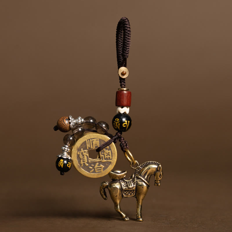 Buddha Stones Rok Konia, miedziano-mosiężne monety pięciu cesarzy, brelok ochronny Om Mani Padme Hum - Koń Ingot Om Mani Padme Hum (rozmiar: 36*31 mm) - image 0