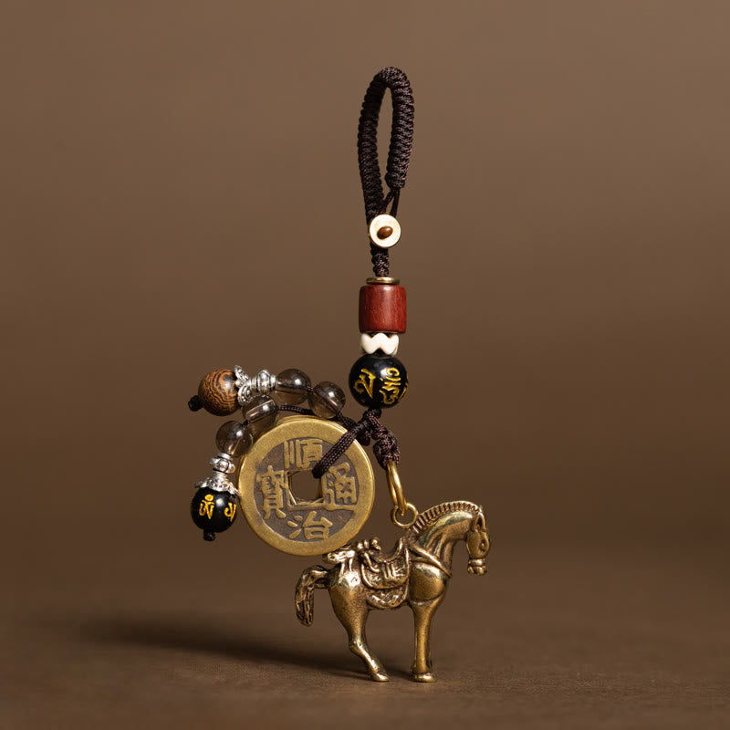 Buddha Stones Rok Konia, miedziano-mosiężne monety pięciu cesarzy, brelok ochronny Om Mani Padme Hum - Koń Om Mani Padme Hum (rozmiar: 36*31 mm) - image 1