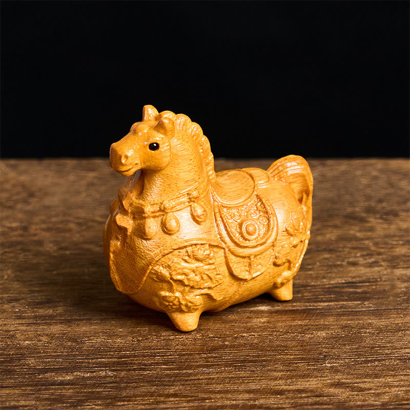 Buddha Stones Miniaturowy Rok Konia Lotos Hebanowy Drewno Lipowe Dekoracja z Zielonego Drzewa Sandałowego 5,5*5*3,2 cm - Drewno lipowe około 5,5*5*3,2 cm - image 0