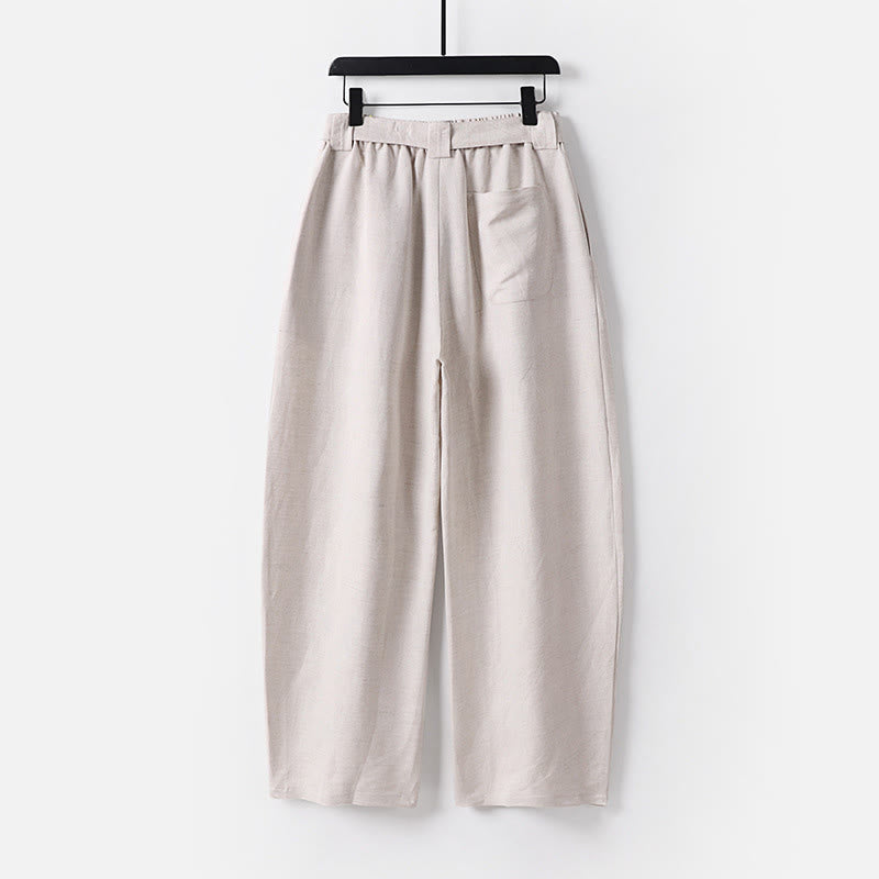 Buddha Stones Letnie spodnie męskie z bawełny i lnu z szerokimi nogawkami i kieszeniami, zapinane na zamek błyskawiczny i z elastyczną talią - image 1