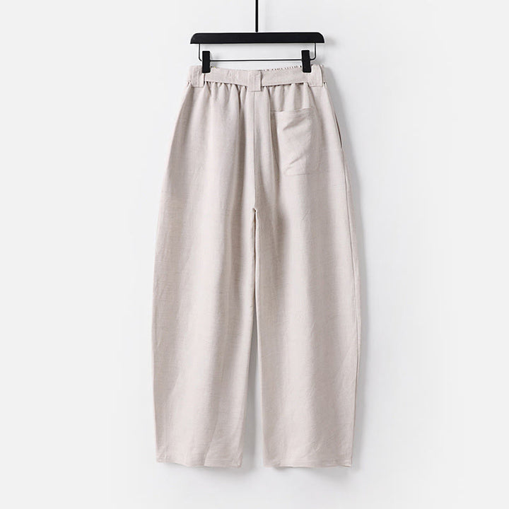 Buddha Stones Letnie spodnie męskie z bawełny i lnu z szerokimi nogawkami i kieszeniami, zapinane na zamek błyskawiczny i z elastyczną talią - image 1