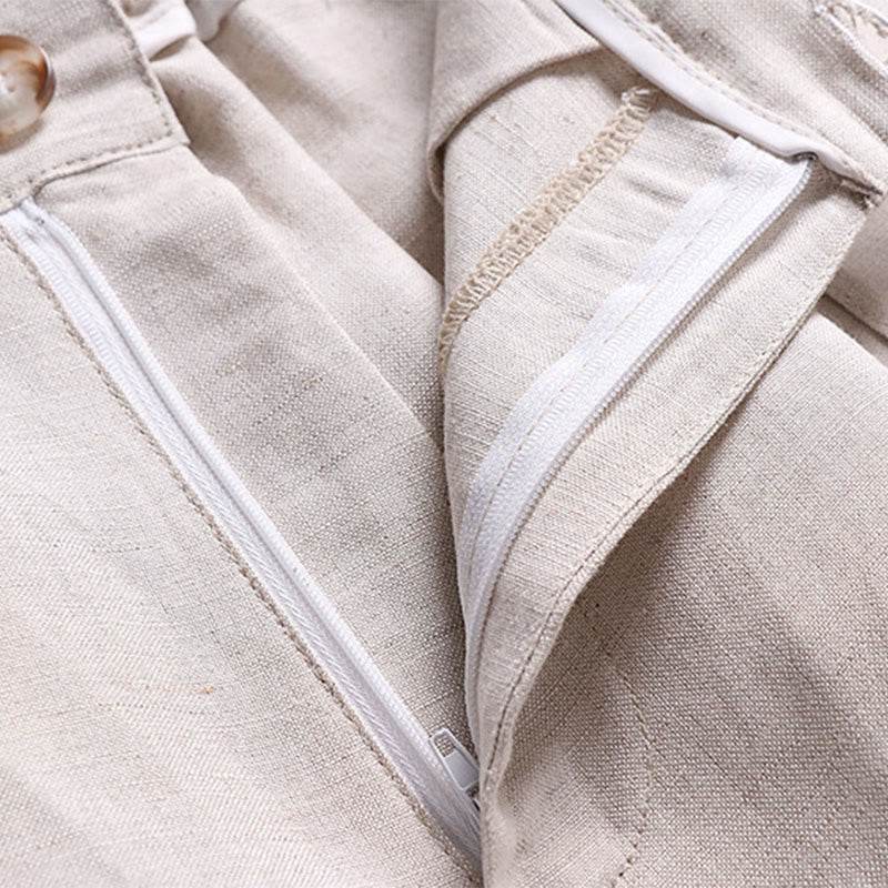 Buddha Stones Letnie spodnie męskie z bawełny i lnu z szerokimi nogawkami i kieszeniami, zapinane na zamek błyskawiczny i z elastyczną talią - image 3