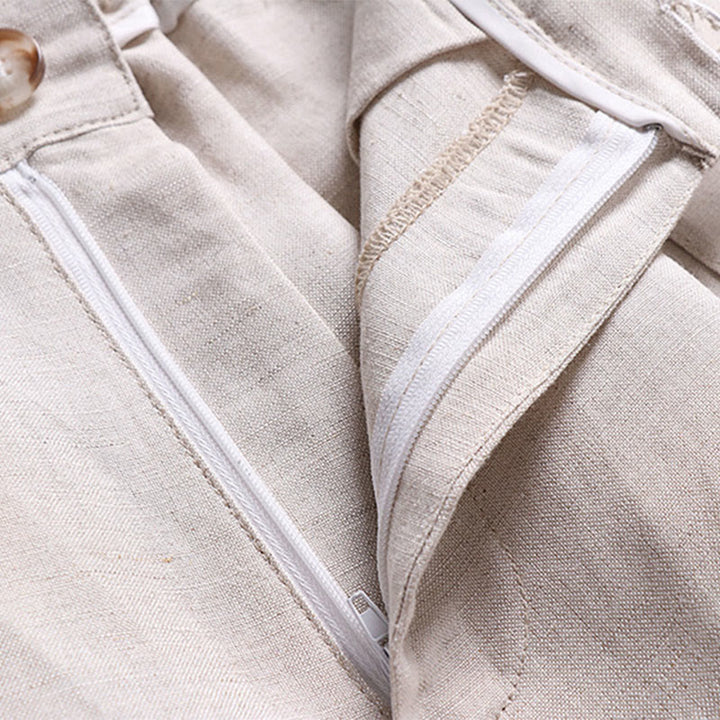 Buddha Stones Letnie spodnie męskie z bawełny i lnu z szerokimi nogawkami i kieszeniami, zapinane na zamek błyskawiczny i z elastyczną talią - image 3