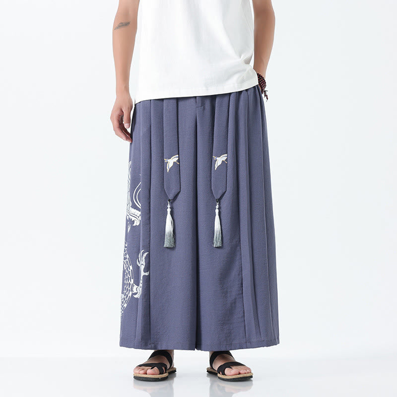 Buddha Stones Spodnie męskie z szerokimi nogawkami i kieszeniami Summer Dragon Drawstring Design Cotton do kostek - LightSteelBlue - US/UK/AU42， EU52 (3XL) - image 24