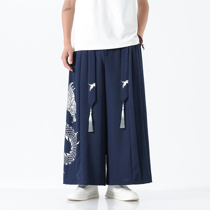 Buddha Stones Spodnie męskie z szerokimi nogawkami i kieszeniami Summer Dragon Drawstring Design Cotton do kostek - image 1