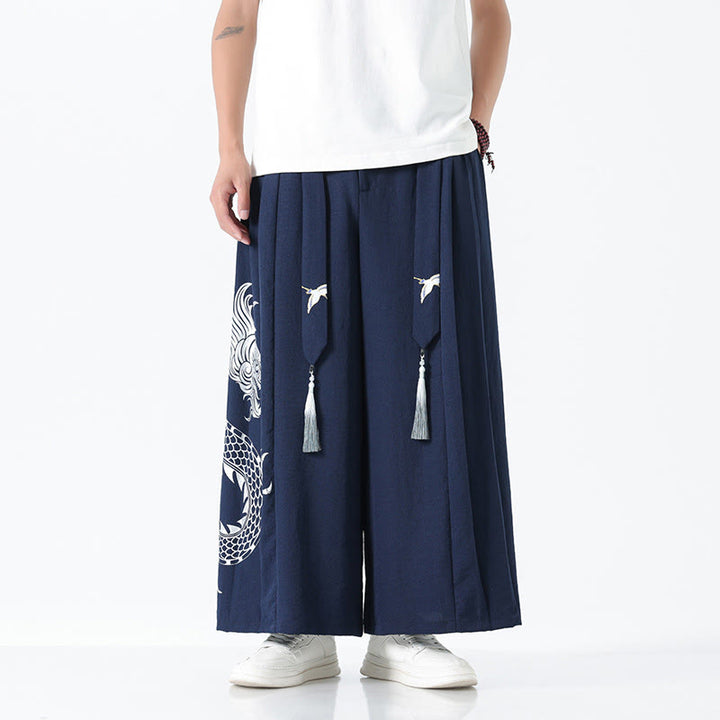 Buddha Stones Spodnie męskie z szerokimi nogawkami i kieszeniami Summer Dragon Drawstring Design Cotton do kostek - image 1