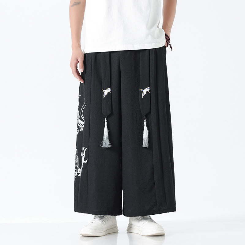 Buddha Stones Spodnie męskie z szerokimi nogawkami i kieszeniami Summer Dragon Drawstring Design Cotton do kostek - Czarny - US/UK/AU42， EU52 (3XL) - image 8