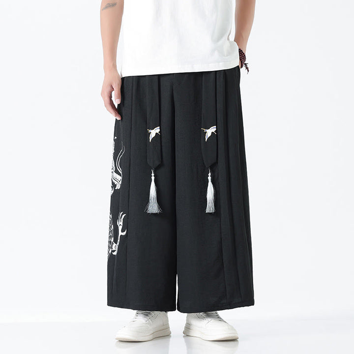 Buddha Stones Spodnie męskie z szerokimi nogawkami i kieszeniami Summer Dragon Drawstring Design Cotton do kostek - Czarny - US/UK/AU42， EU52 (3XL) - image 8