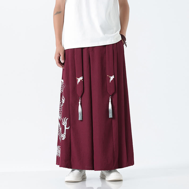 Buddha Stones Spodnie męskie z szerokimi nogawkami i kieszeniami Summer Dragon Drawstring Design Cotton do kostek - Ciemnoczerwony - US/UK/AU42， EU52 (3XL) - image 15