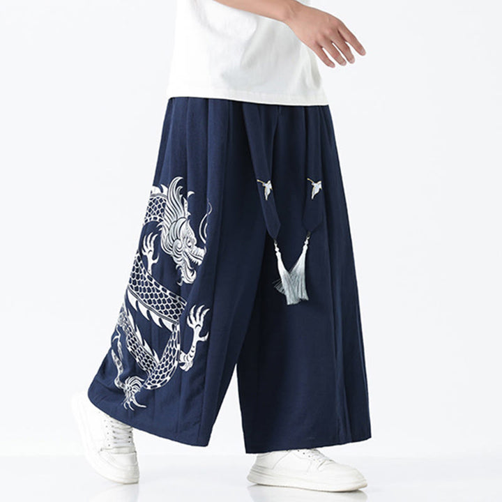 Buddha Stones Spodnie męskie z szerokimi nogawkami i kieszeniami Summer Dragon Drawstring Design Cotton do kostek - Stalowoniebieski - US/UK/AU42， EU52 (3XL) - image 0