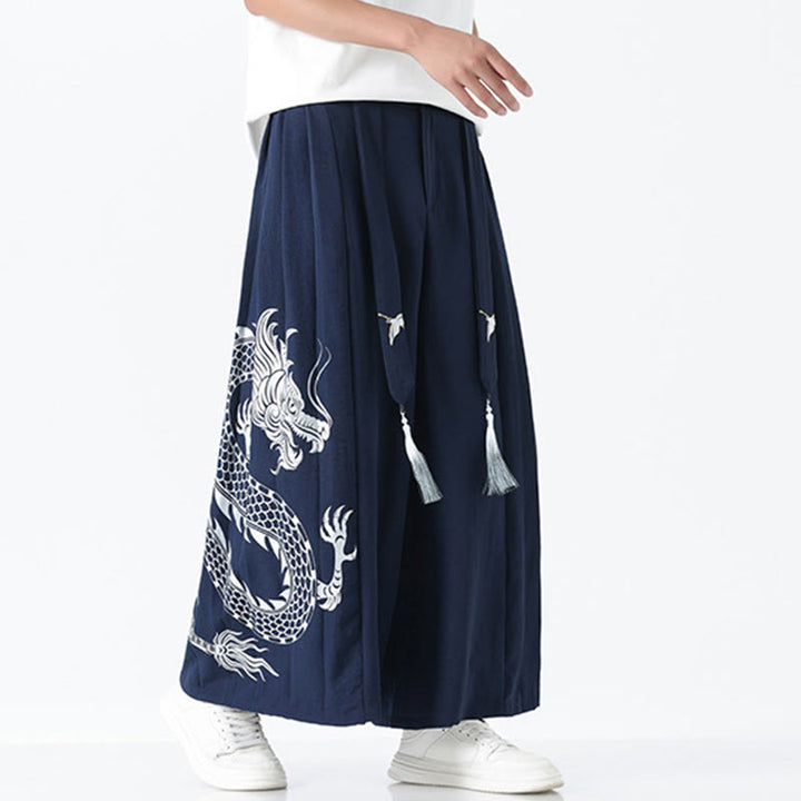 Buddha Stones Spodnie męskie z szerokimi nogawkami i kieszeniami Summer Dragon Drawstring Design Cotton do kostek - image 5