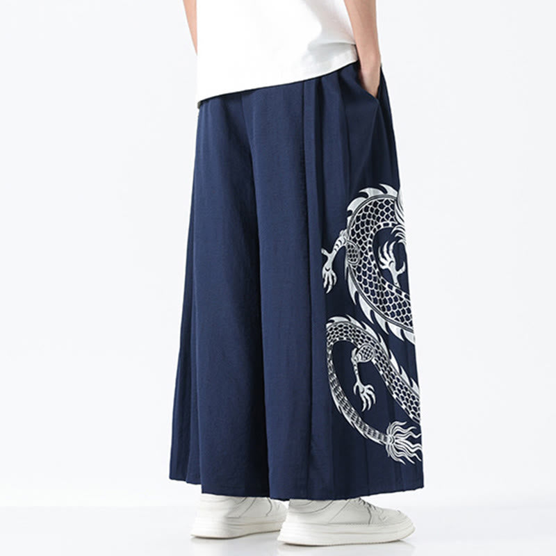 Buddha Stones Spodnie męskie z szerokimi nogawkami i kieszeniami Summer Dragon Drawstring Design Cotton do kostek - image 3
