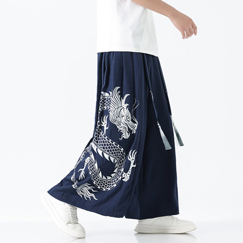 Buddha Stones Spodnie męskie z szerokimi nogawkami i kieszeniami Summer Dragon Drawstring Design Cotton do kostek - image 2