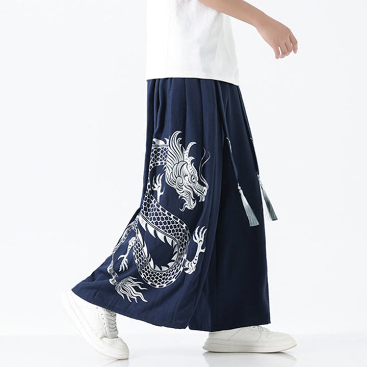 Buddha Stones Spodnie męskie z szerokimi nogawkami i kieszeniami Summer Dragon Drawstring Design Cotton do kostek - image 2