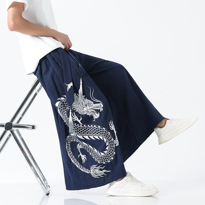 Buddha Stones Spodnie męskie z szerokimi nogawkami i kieszeniami Summer Dragon Drawstring Design Cotton do kostek - image 7