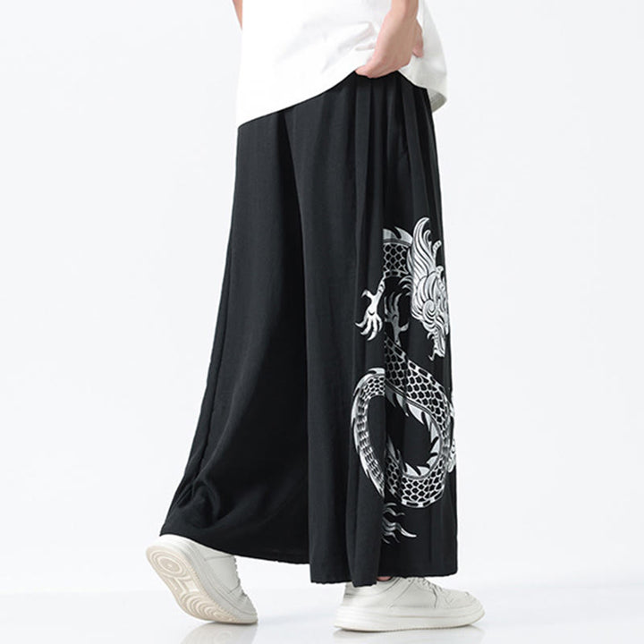 Buddha Stones Spodnie męskie z szerokimi nogawkami i kieszeniami Summer Dragon Drawstring Design Cotton do kostek - image 12