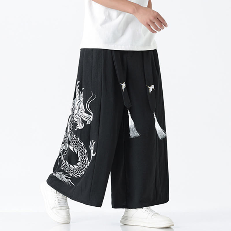 Buddha Stones Spodnie męskie z szerokimi nogawkami i kieszeniami Summer Dragon Drawstring Design Cotton do kostek - image 9