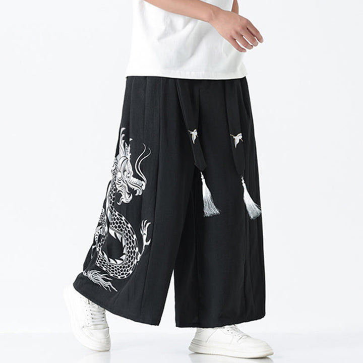 Buddha Stones Spodnie męskie z szerokimi nogawkami i kieszeniami Summer Dragon Drawstring Design Cotton do kostek - image 9