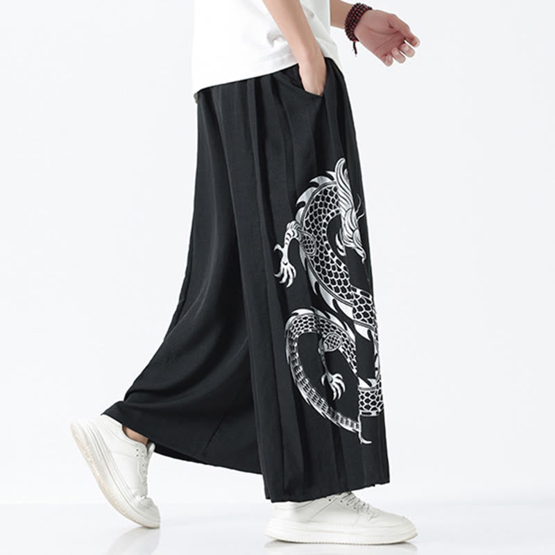 Buddha Stones Spodnie męskie z szerokimi nogawkami i kieszeniami Summer Dragon Drawstring Design Cotton do kostek - image 11