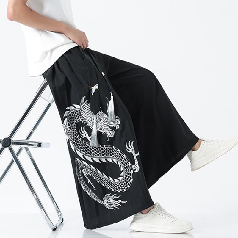 Buddha Stones Spodnie męskie z szerokimi nogawkami i kieszeniami Summer Dragon Drawstring Design Cotton do kostek - image 14