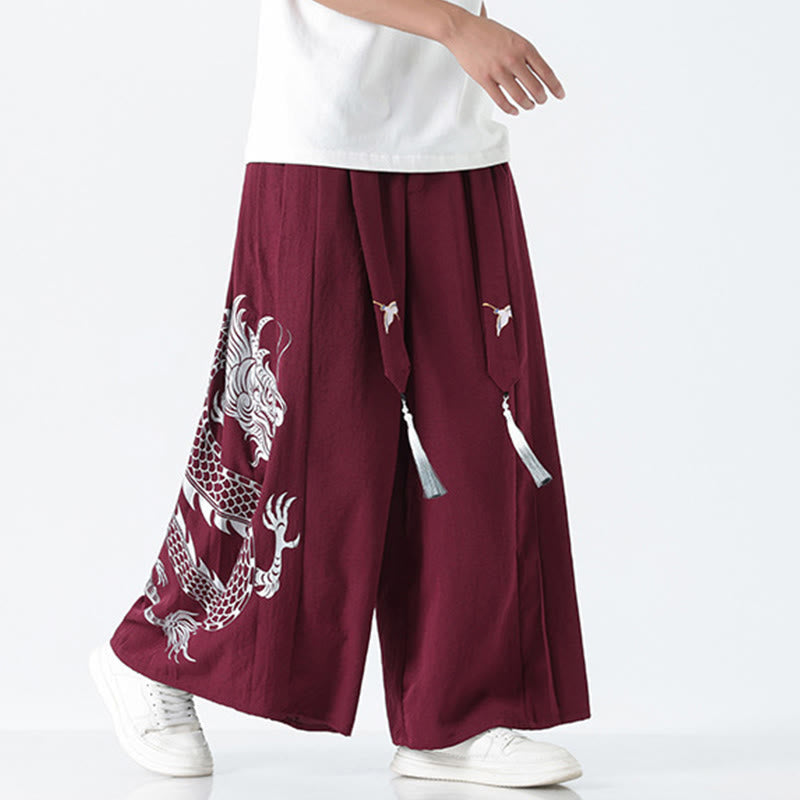 Buddha Stones Spodnie męskie z szerokimi nogawkami i kieszeniami Summer Dragon Drawstring Design Cotton do kostek - image 16