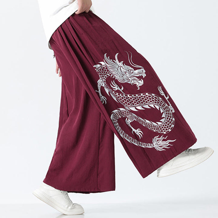Buddha Stones Spodnie męskie z szerokimi nogawkami i kieszeniami Summer Dragon Drawstring Design Cotton do kostek - image 22